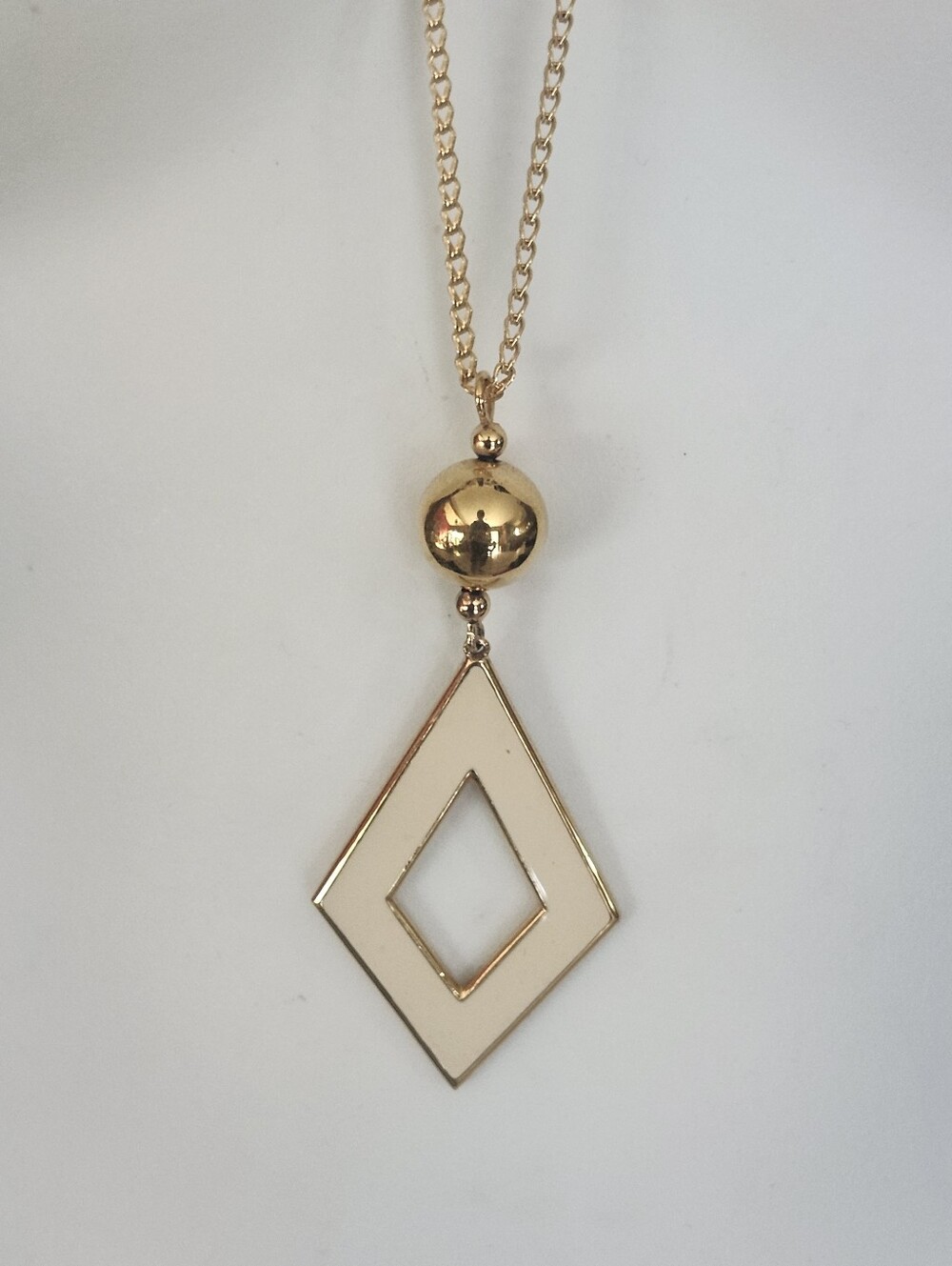 Vtg Monet Art Deco Gold Tone and Cream Geometric Pendant Necklace